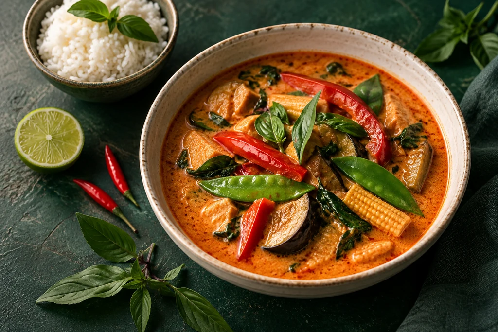 Cooking inspiration: red coconut curry with vegetables, basil, lime and jasmine rice